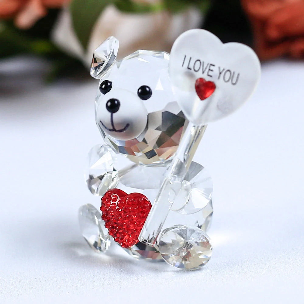 Hand-carved white crystal bear figurine with geometric design