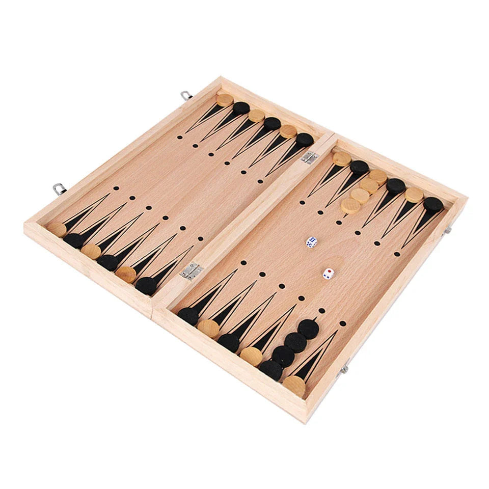 Wooden 3-in-1 board game set with backgammon, chess, and checkers pieces on a wooden game board