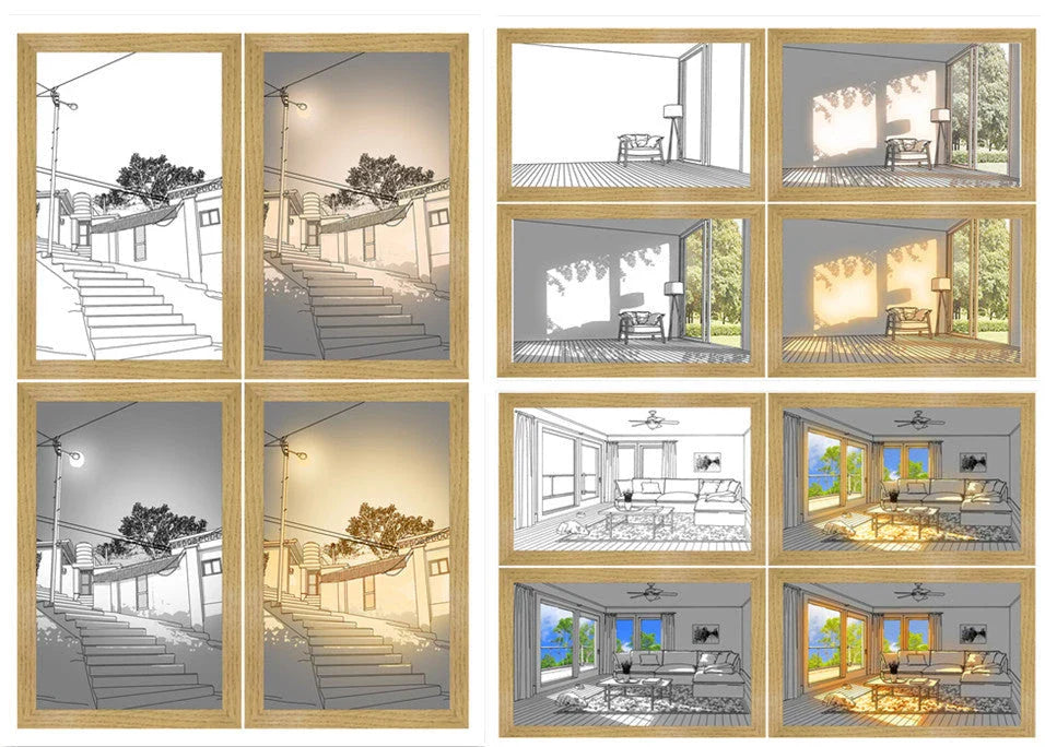 Illuminating LED picture light with customizable lighting modes, showcasing various nature scenes and cityscapes