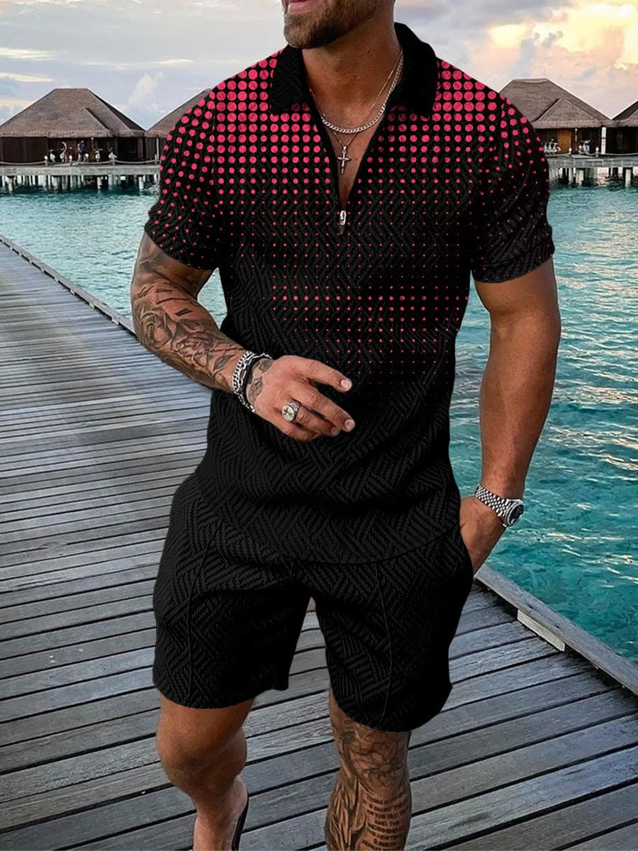 Men's casual contrast polo zip lapel shirt with shorts set in various colours