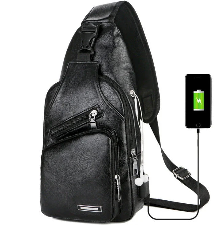 Stylish USB charging messenger bag with wear-resistant fabric, headphone jack, and spacious front pocket for modern, tech-savvy individuals