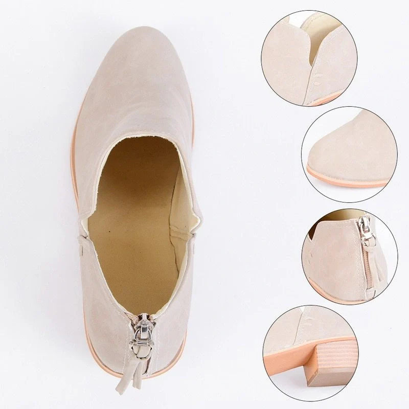 Stylish retro high heel ankle boots for women in pink, black, and beige