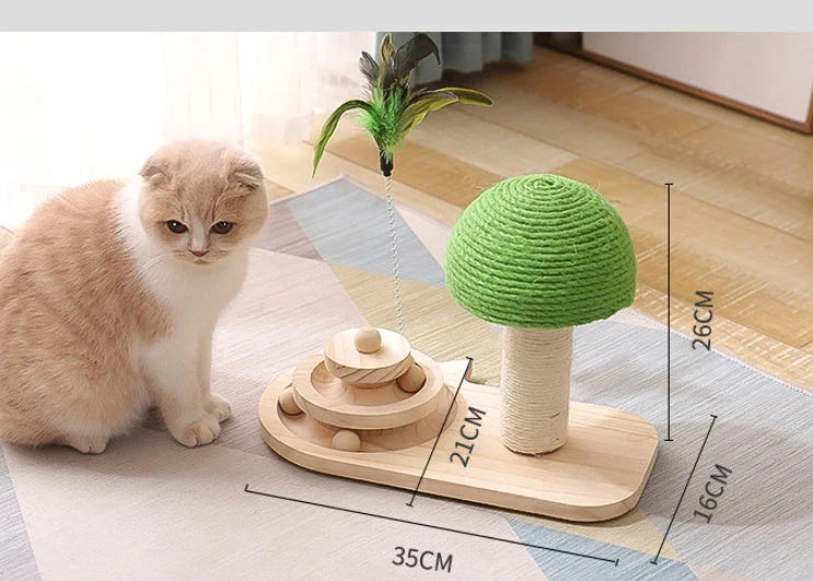Solid wood cat furniture with scratch post and interactive ball toy for active play and relaxation