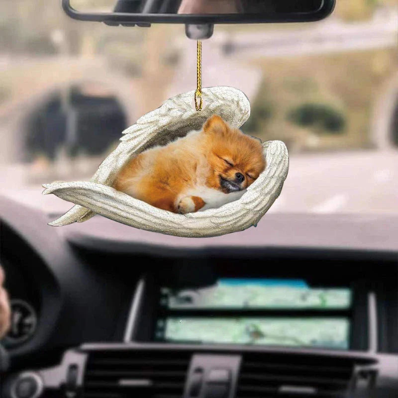 Charming sleeping dog angel acrylic car pendant decoration with a whimsical design