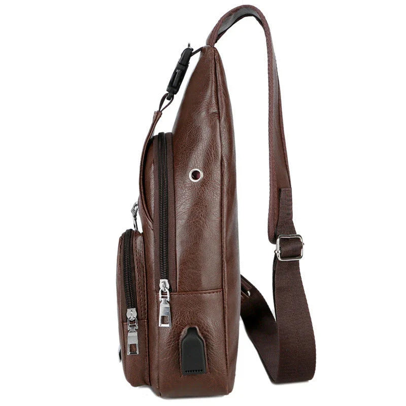 Stylish USB charging messenger bag with wear-resistant fabric, headphone jack, and spacious front pocket for modern, tech-savvy individuals