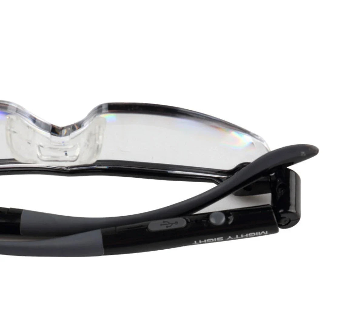 USB-powered reading glasses with transparent frame and integrated LED lighting for improved visibility and reduced eye strain
