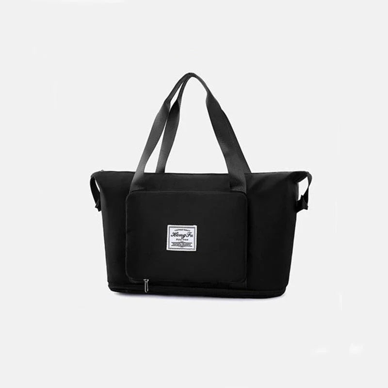 Expandable travel duffel bag with adjustable shoulder strap, multiple interior pockets, and water-resistant Oxford cloth material