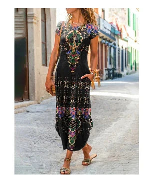 Stylish, printed midi dress with pockets, available in a variety of colours and sizes