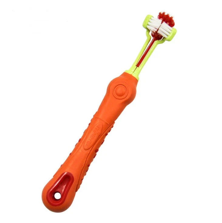 Premium Triple-Headed Pet Toothbrush in various colours, designed to effectively clean pets' teeth and eliminate bad breath and tartar build-up.