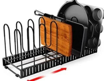 Sturdy 8-tier kitchen organiser shelf in black, featuring adjustable shelves for pots, pans, and tableware storage