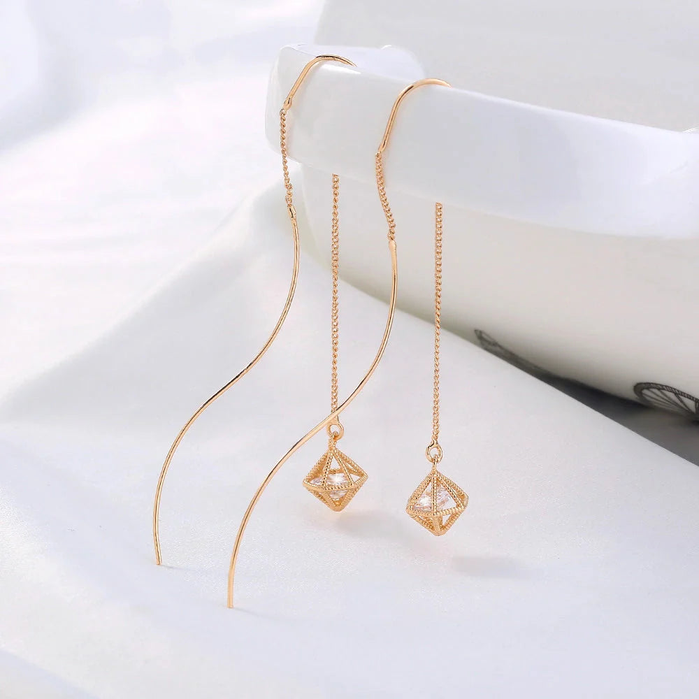 Gold Bronze Cutout Zircon Tassel Earrings with European and American Style