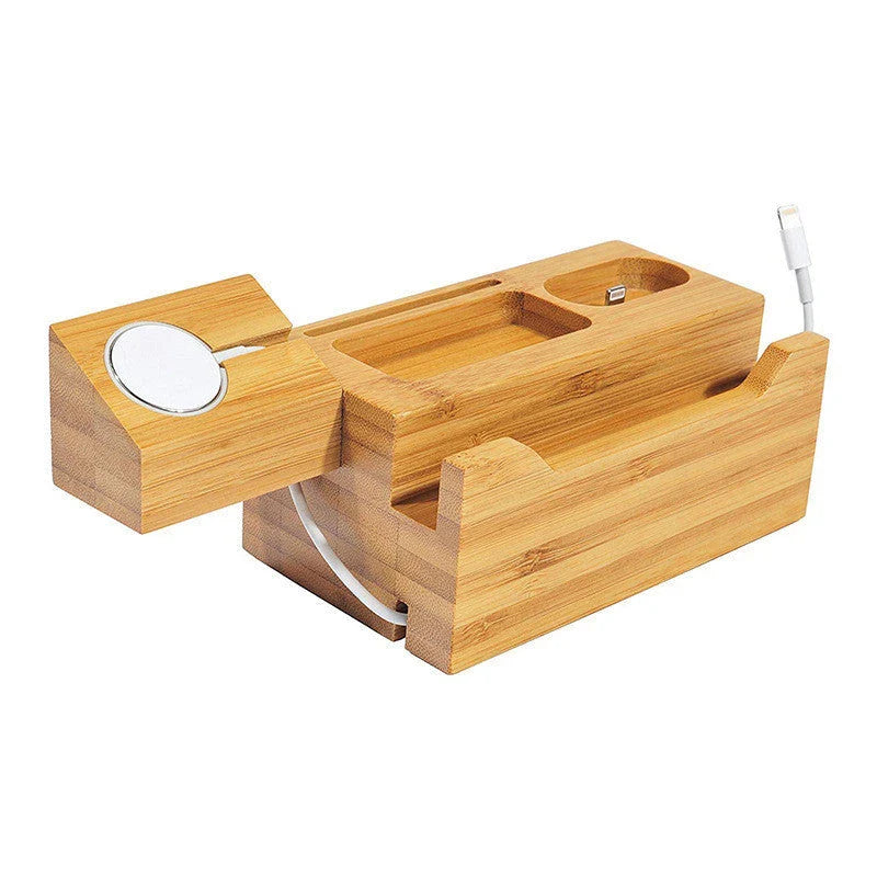 Bamboo charging station for organizing and charging Apple devices like iPhone, Apple Watch, and AirPods