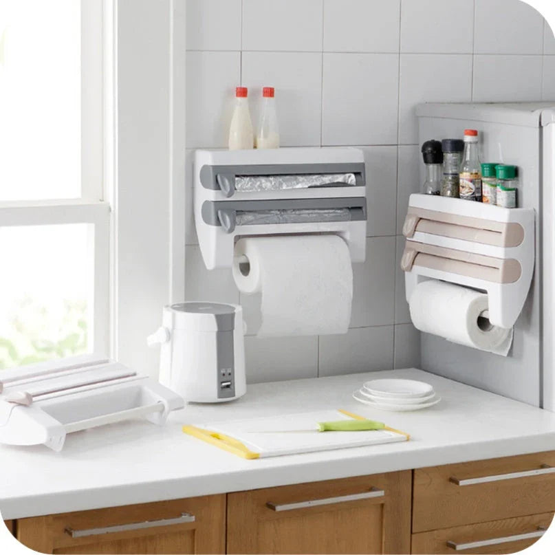 Premium wall-mounted cling film dispenser and cutter with compartments for storing and cutting kitchen wraps