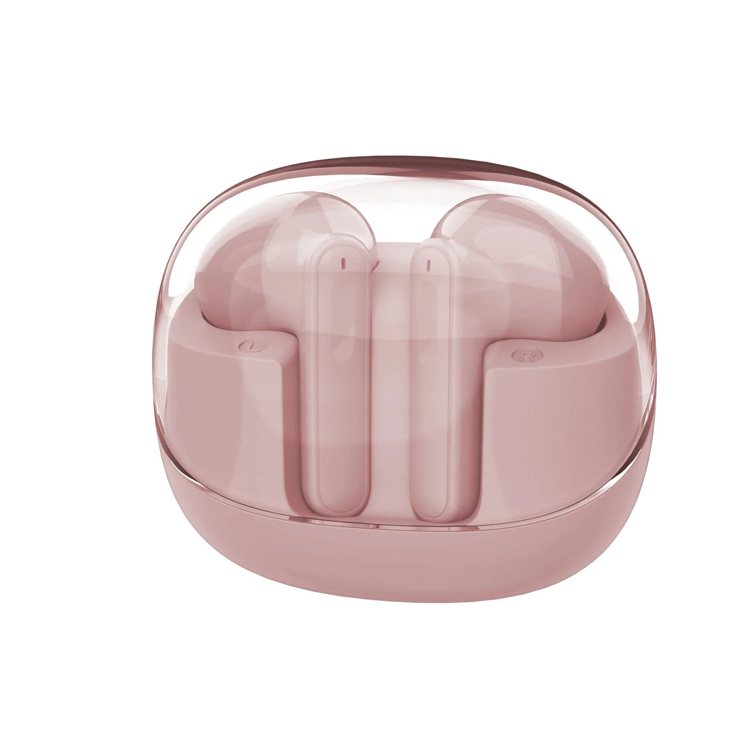 Wireless Bluetooth earbuds with transparent design, offering 9D surround sound, ergonomic fit, and convenient connectivity