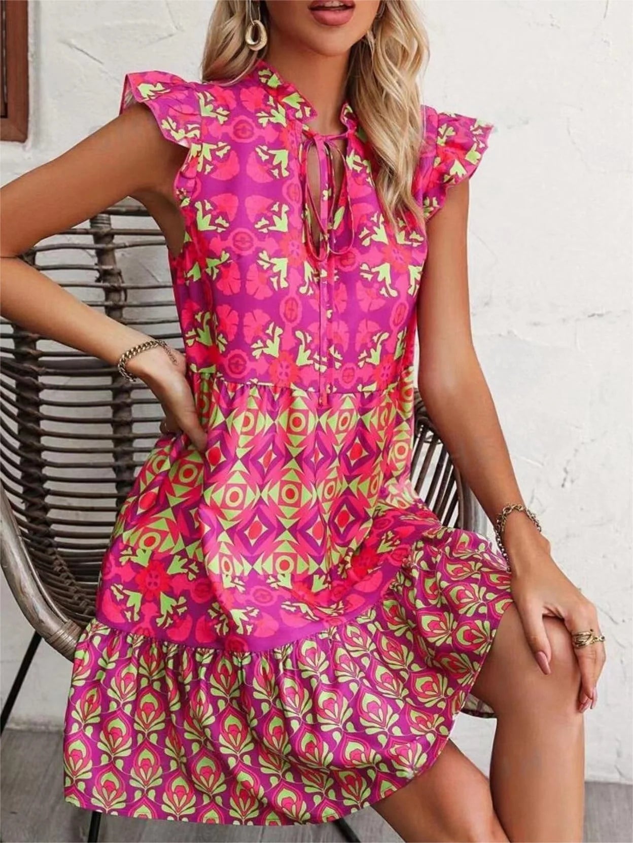 Stylish sleeveless dress with v-neck, lace-up detailing, and vibrant digital printing for a chic summer look