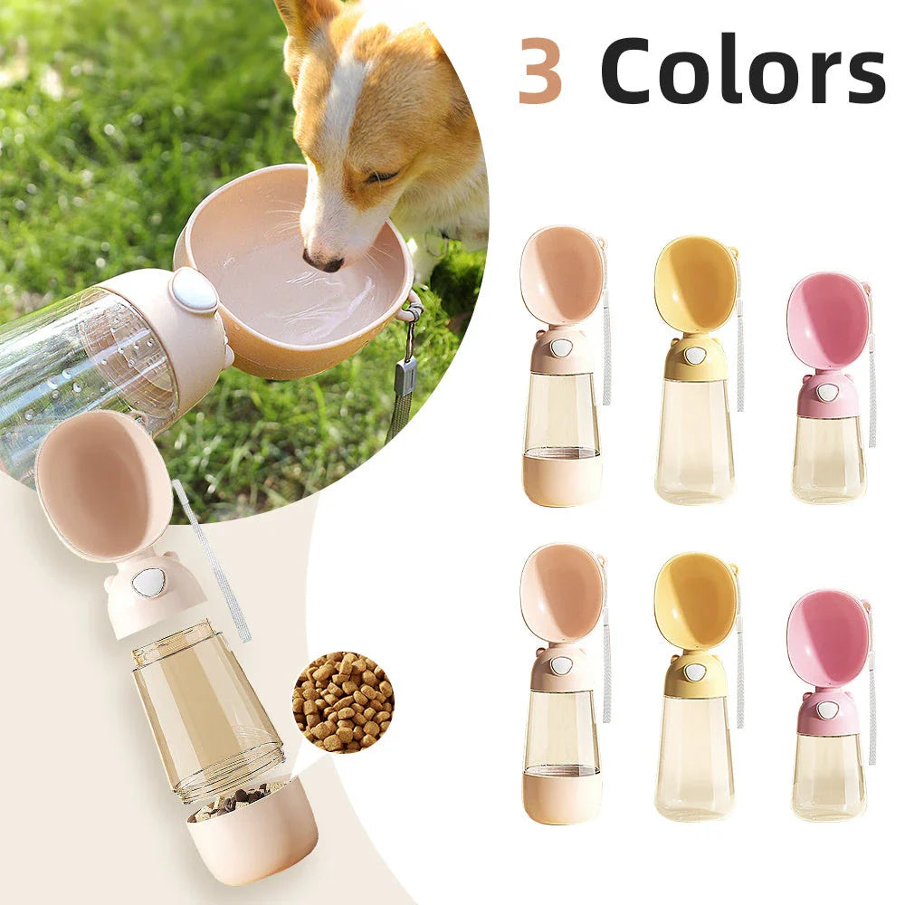 Portable pet water bottle with detachable drinking bowl, ideal for outdoor adventures with your furry companion