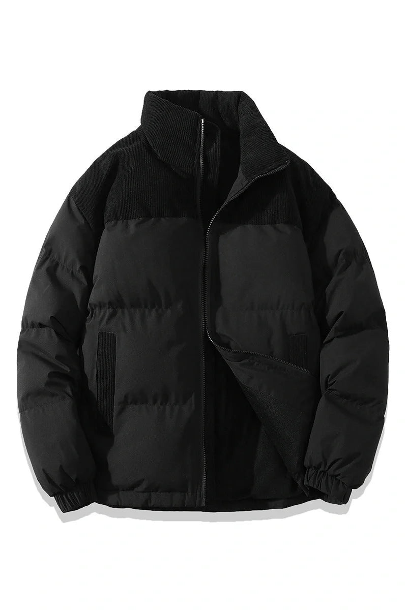 A stylish padded winter coat with contrast-coloured accents, designed for both men and women to stay warm and look fashionable.