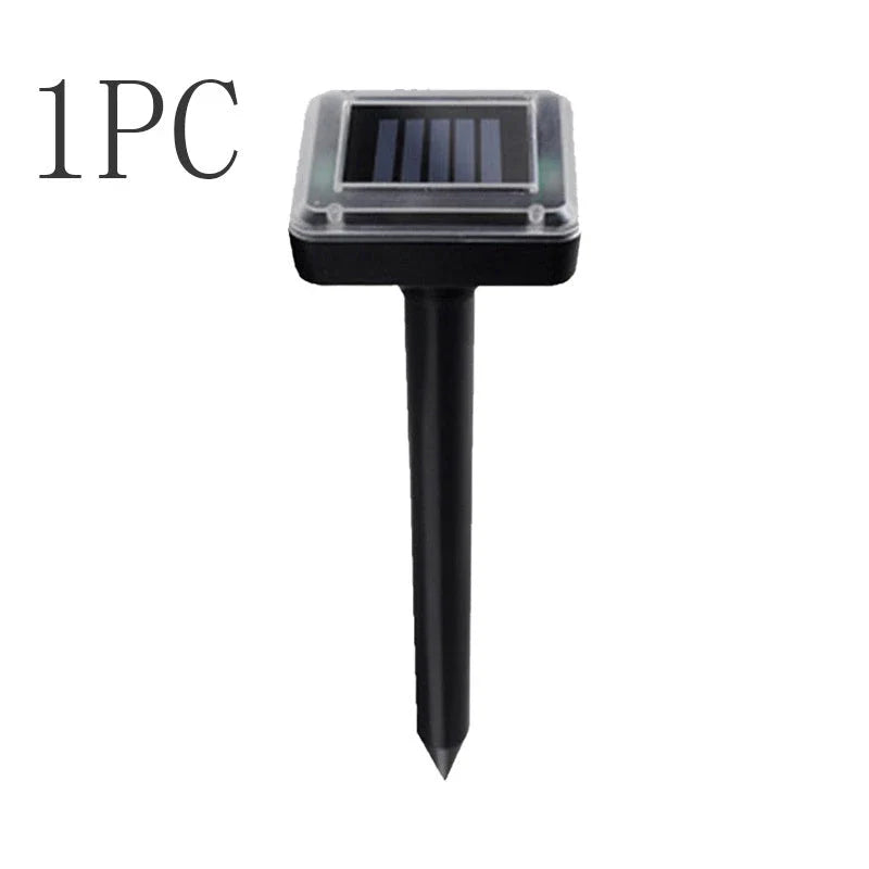 Solar-powered ultrasonic pest deterrent device for repelling moles, rats, snakes, and other burrowing pests from gardens and outdoor spaces