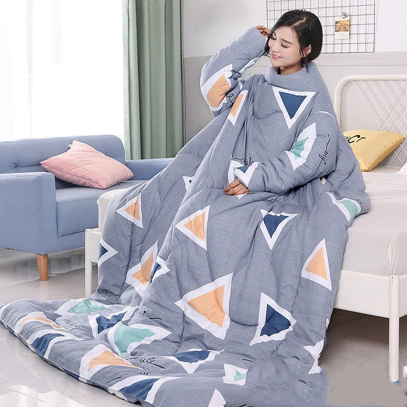 Cozy quilted lounger with sleeves in various colors and sizes, perfect for year-round indoor comfort and relaxation.