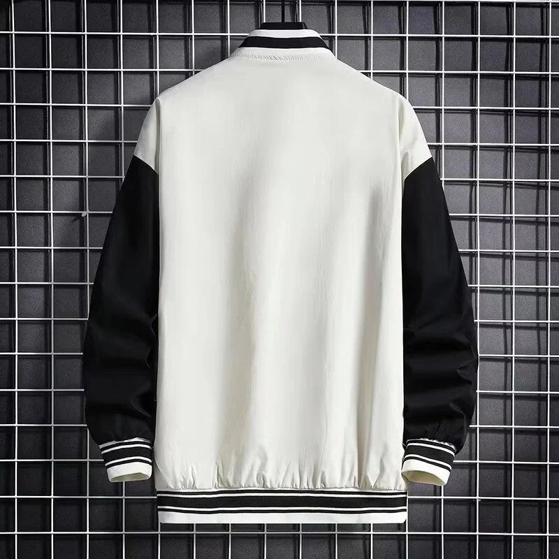 Stylish loose fit Hong Kong style baseball jacket for teens in black and beige