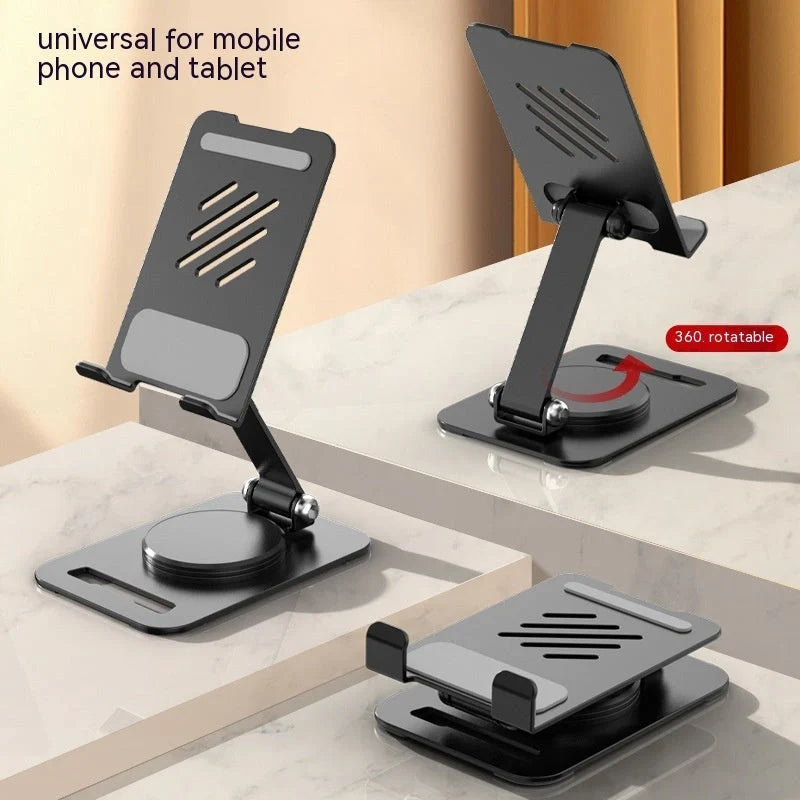 Adjustable 360-degree rotating metal desk phone and tablet stand in black, white, and silver colours