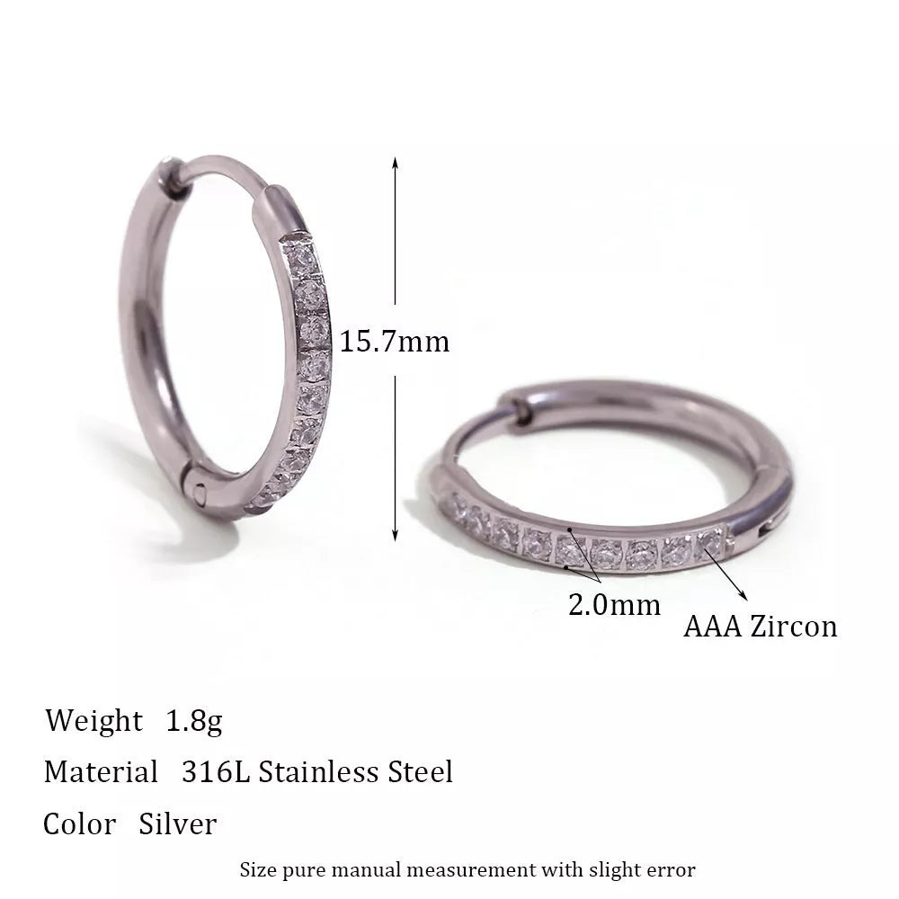 Women's titanium steel rounded edge zircon earrings in gold and steel finishes