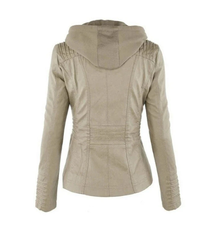 Versatile hooded leather jacket with spacious pockets and a sleek, sophisticated design for women