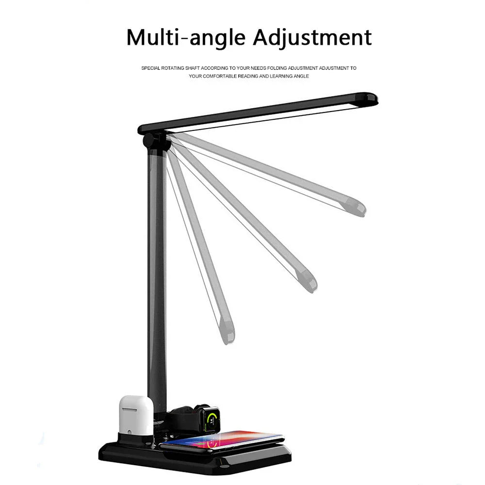 Multifunctional LED desk lamp with wireless charging station, adjustable lighting, and touch controls