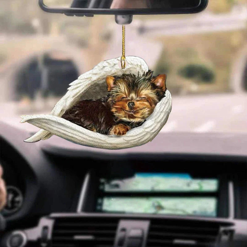 Charming sleeping dog angel acrylic car pendant decoration with a whimsical design