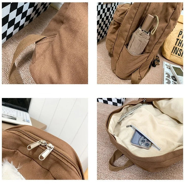 A stylish and durable canvas backpack with geometric patterns, designed for female college students
