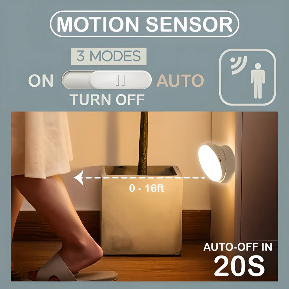 A 360-degree rotating motion-activated LED light with a magnetic base, suitable for installation on any metal surface.