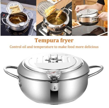 Premium stainless steel folding fryer with thermometer, perfect for frying french fries and other crispy dishes