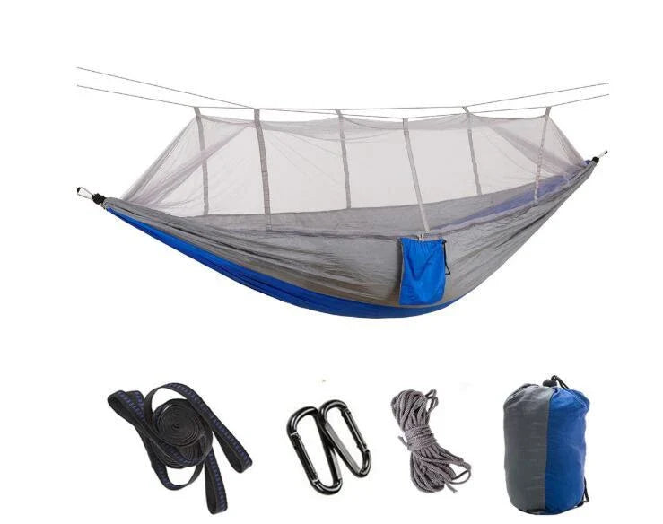 Versatile parachute hammock with mosquito net for outdoor camping and relaxation