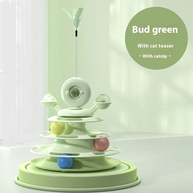 Interactive 4-level cat toy tower with turntable and roller balls in vibrant colours