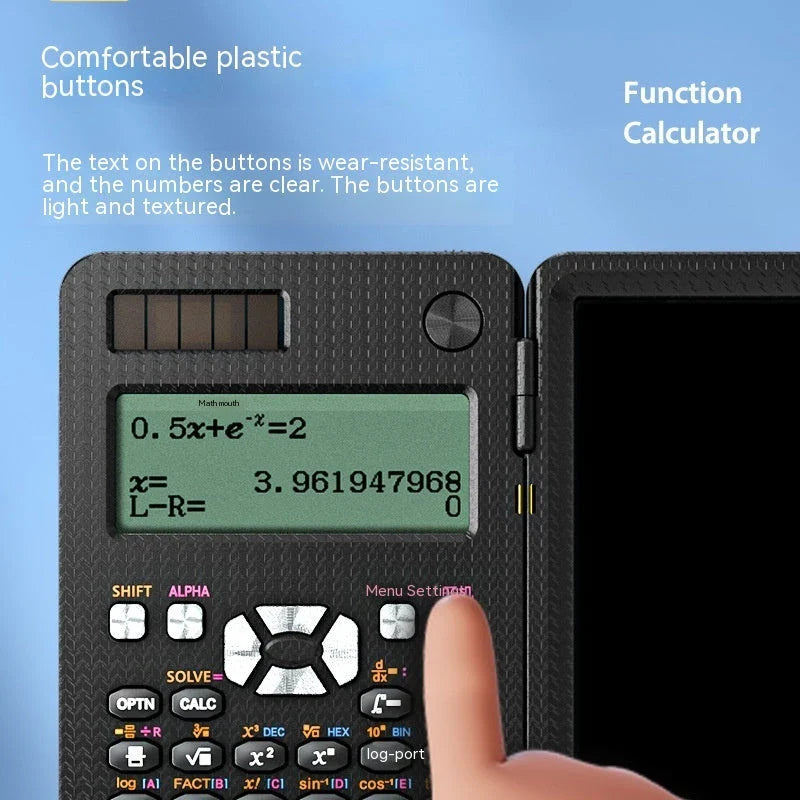 Versatile 2-in-1 scientific calculator and digital notepad with foldable design, LCD display, and intuitive button layout