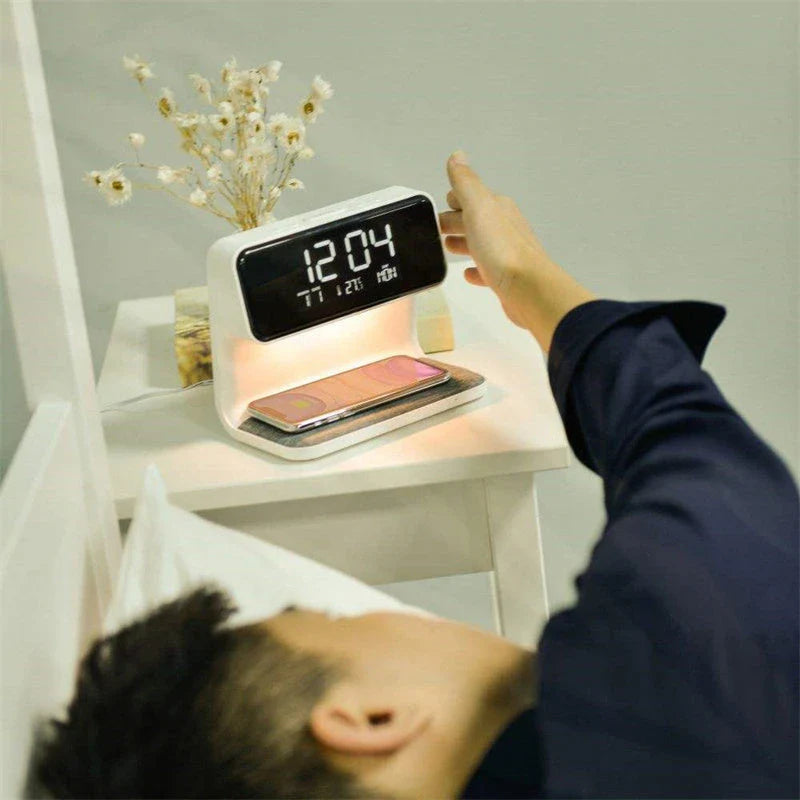 3-in-1 Wireless Charging Bedside Lamp with Adjustable LED Lighting, Alarm Clock, and Wireless Charging Pad