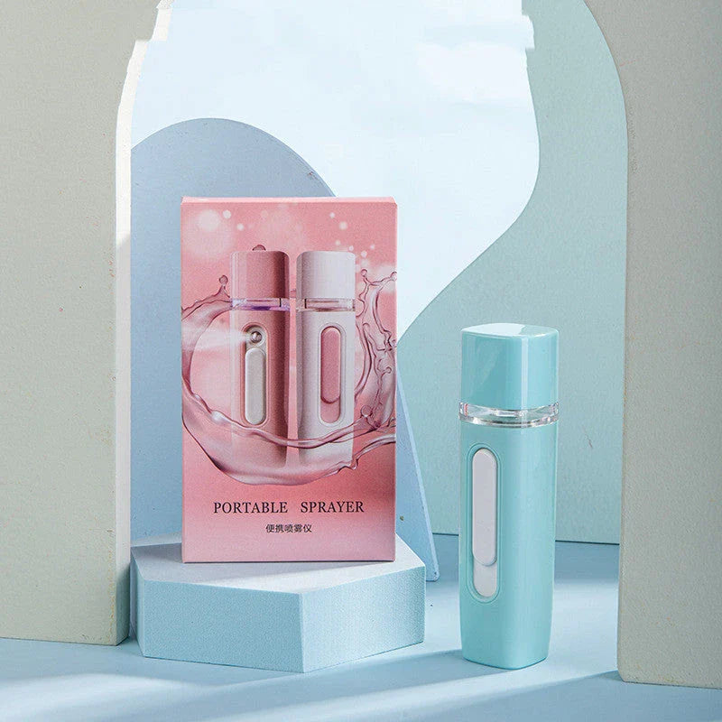 Portable facial mister with 38ml water tank, transforms water into fine mist for hydrating skin on the go