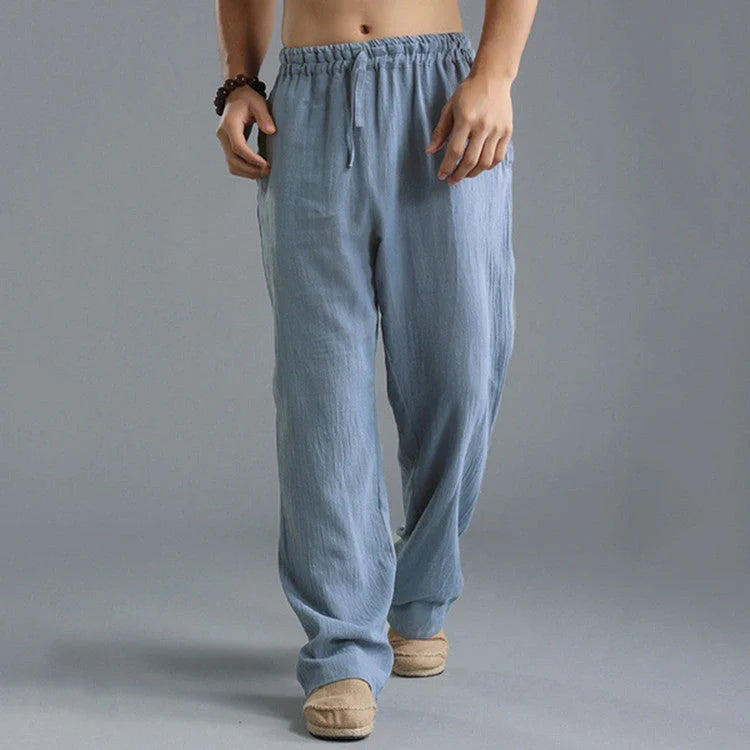 Men's breathable linen loose-fit sports pants in khaki, black, light blue, and off-white