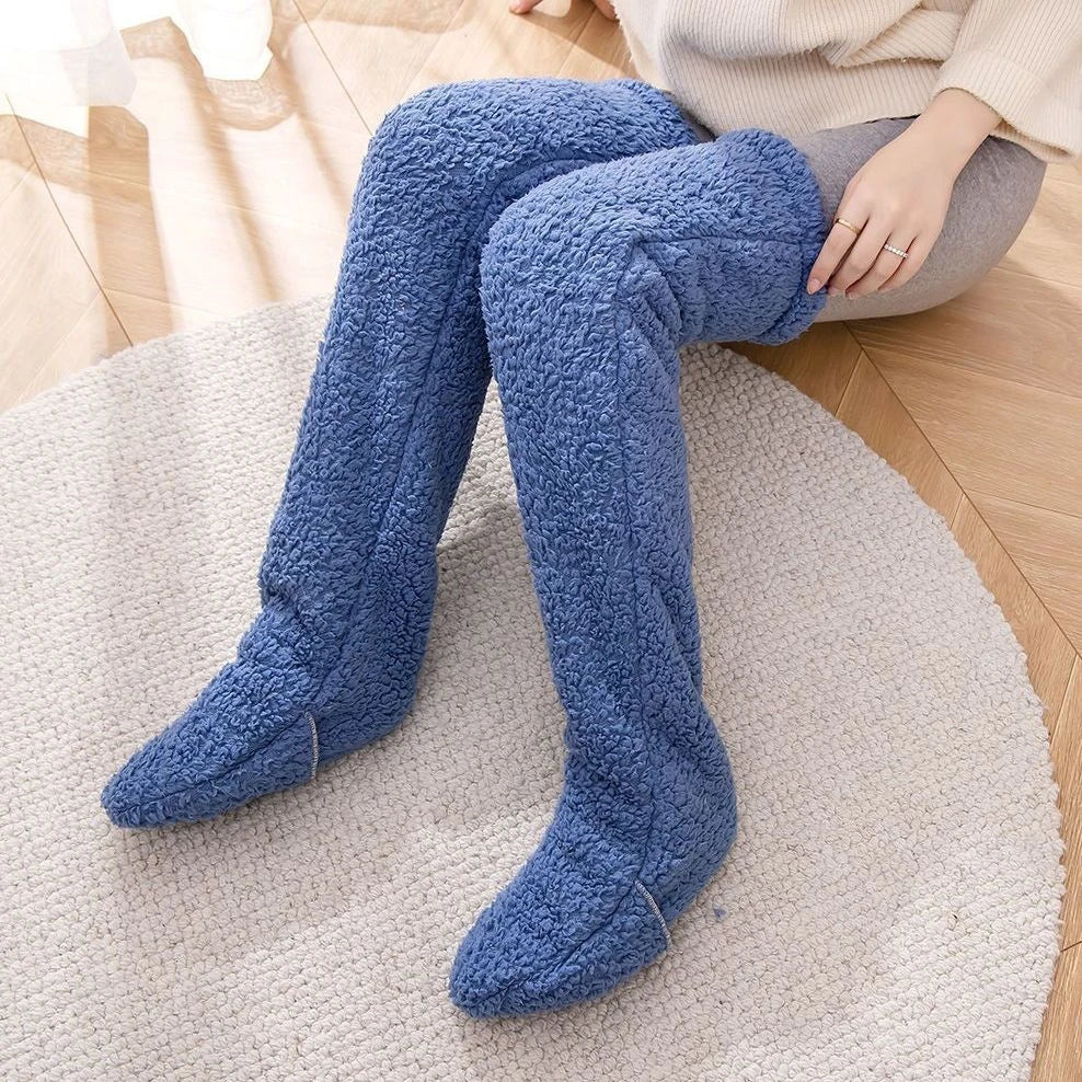 Cozy over-the-knee fuzzy socks in various colors, including brown, blue, dark gray, and pink purple