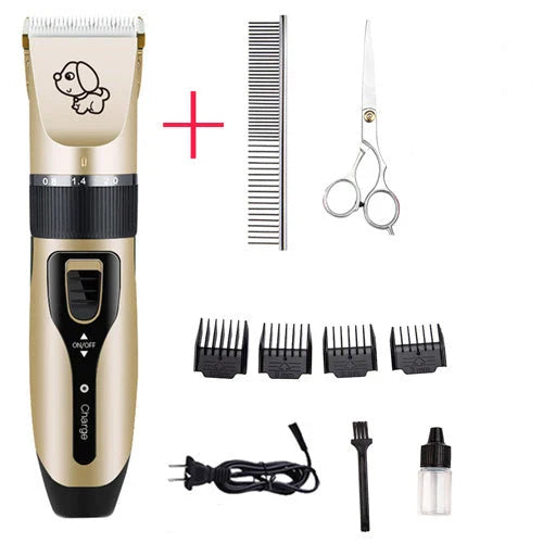 A precision dog hair trimmer with a quiet motor, featuring five speed settings, a titanium alloy fixed knife, and a long-lasting rechargeable battery for a stress-free grooming experience.
