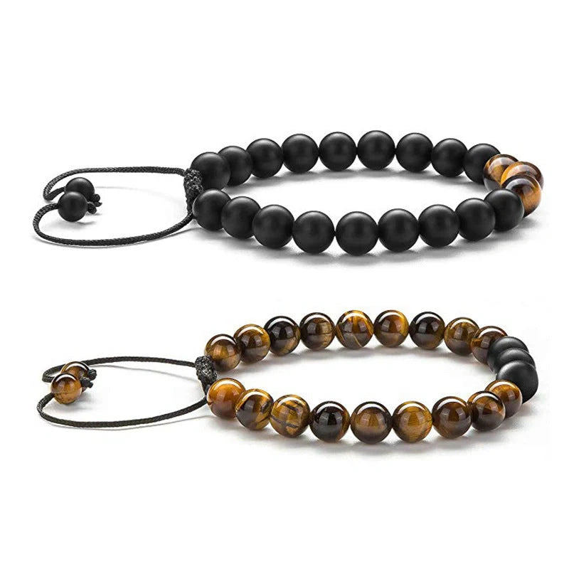 Matte black agate beads and tiger eye couple bracelets with geometric design
