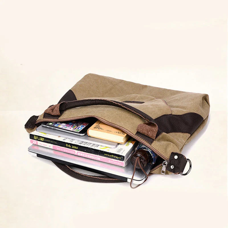 Stylish and versatile canvas shoulder bag with premium brass hardware and thoughtful interior organisation