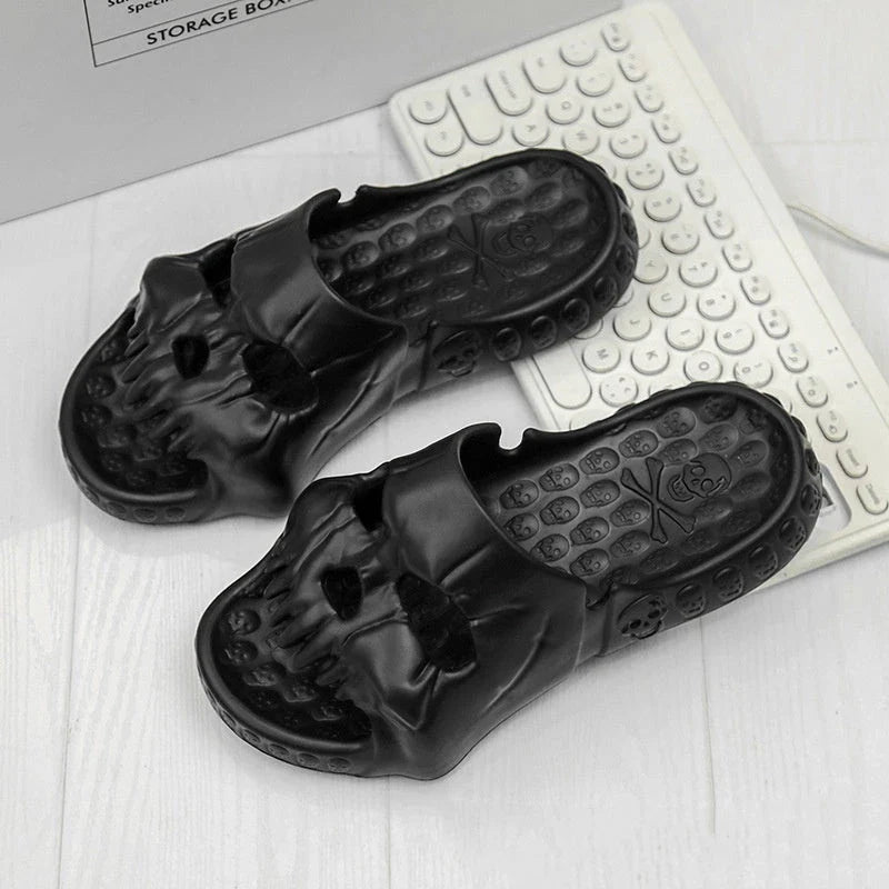 Spooky skull-designed slippers in various colors and sizes for indoor, outdoor, and beach wear