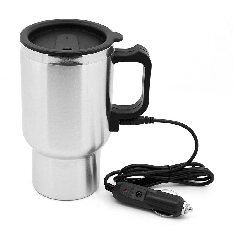 Portable stainless steel car kettle with 12V heating element and vacuum insulation for keeping drinks hot on the go