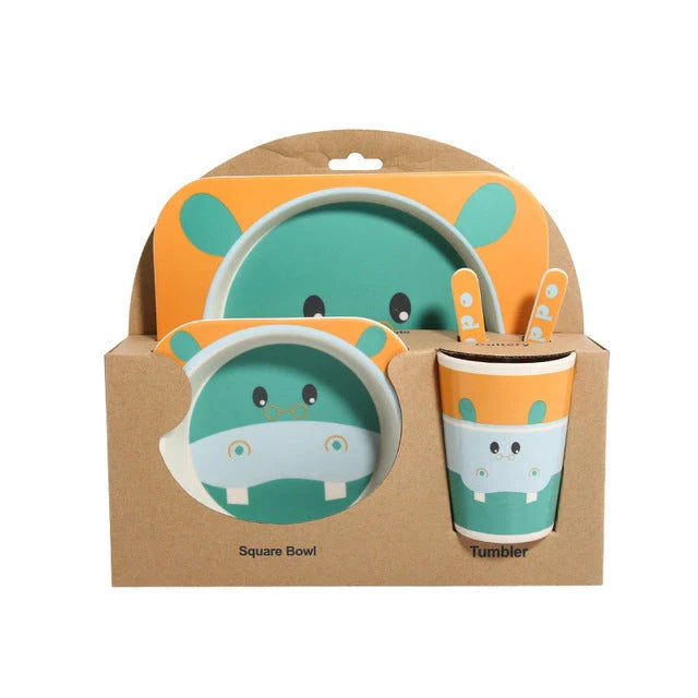 Five-piece bamboo fibre children's tableware set with plates, bowls, cups, spoons, and forks in various animal-themed designs