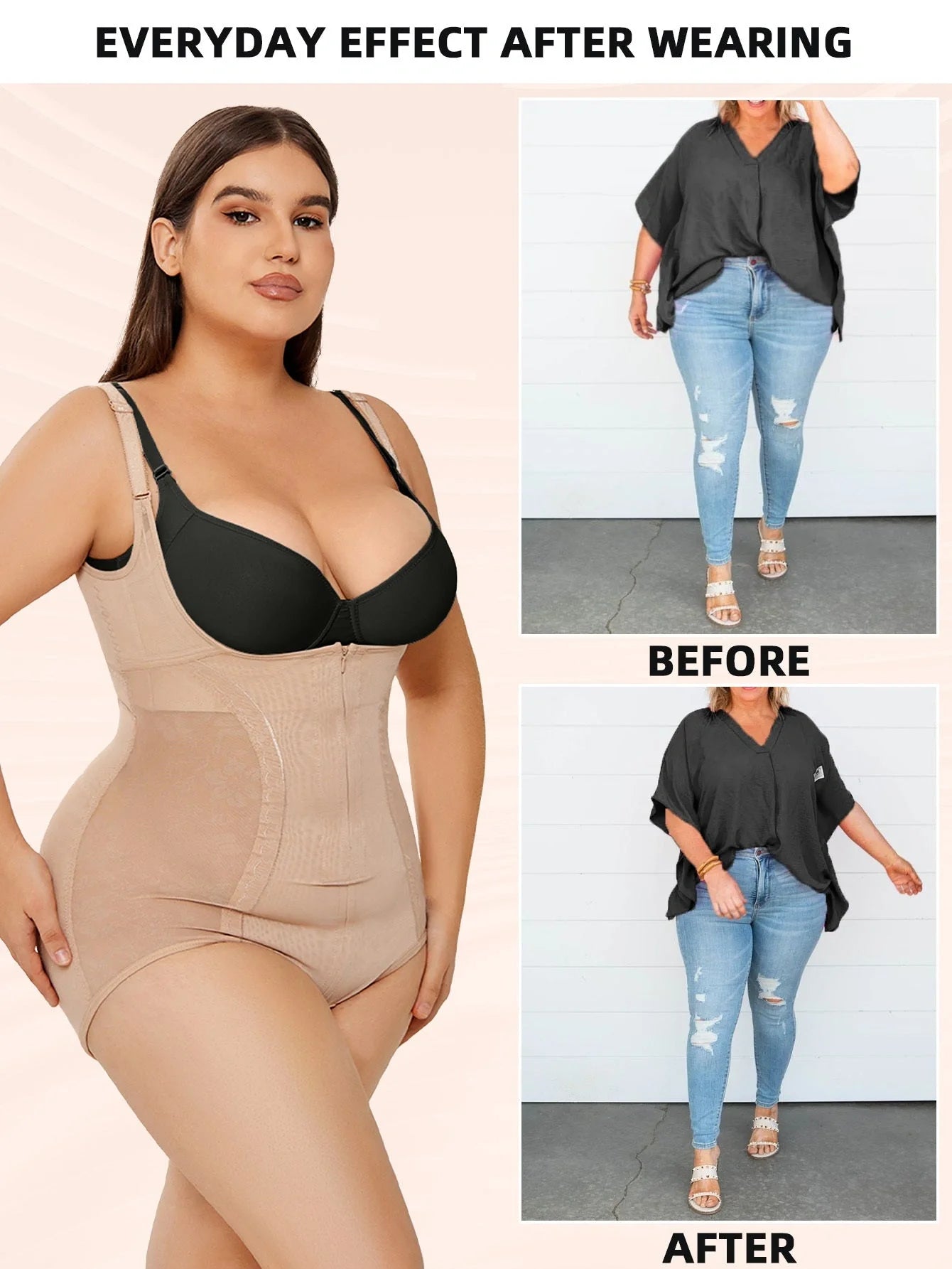 Women's slimming shapewear bodysuit in black and apricot for tummy control and a smooth silhouette.