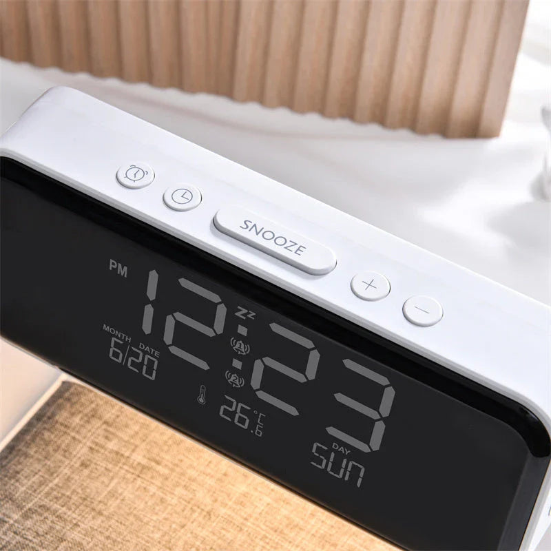 3-in-1 Wireless Charging Bedside Lamp with Adjustable LED Lighting, Alarm Clock, and Wireless Charging Pad