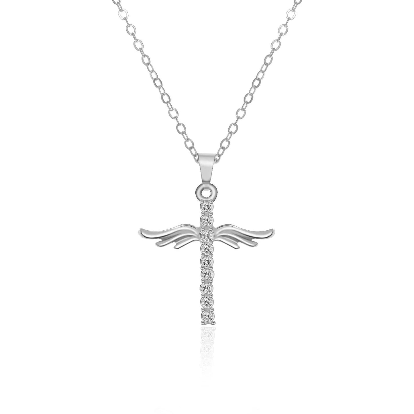 Elegant angel wings cross pendant necklace in silver and gold tones with an adjustable chain