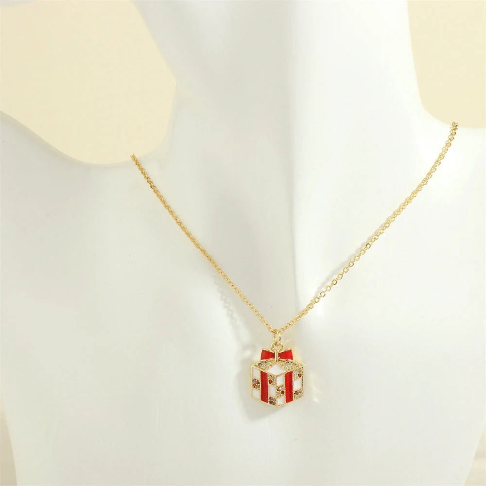 Festive Christmas-themed necklace with oil-drop pendant and coloured rhinestones