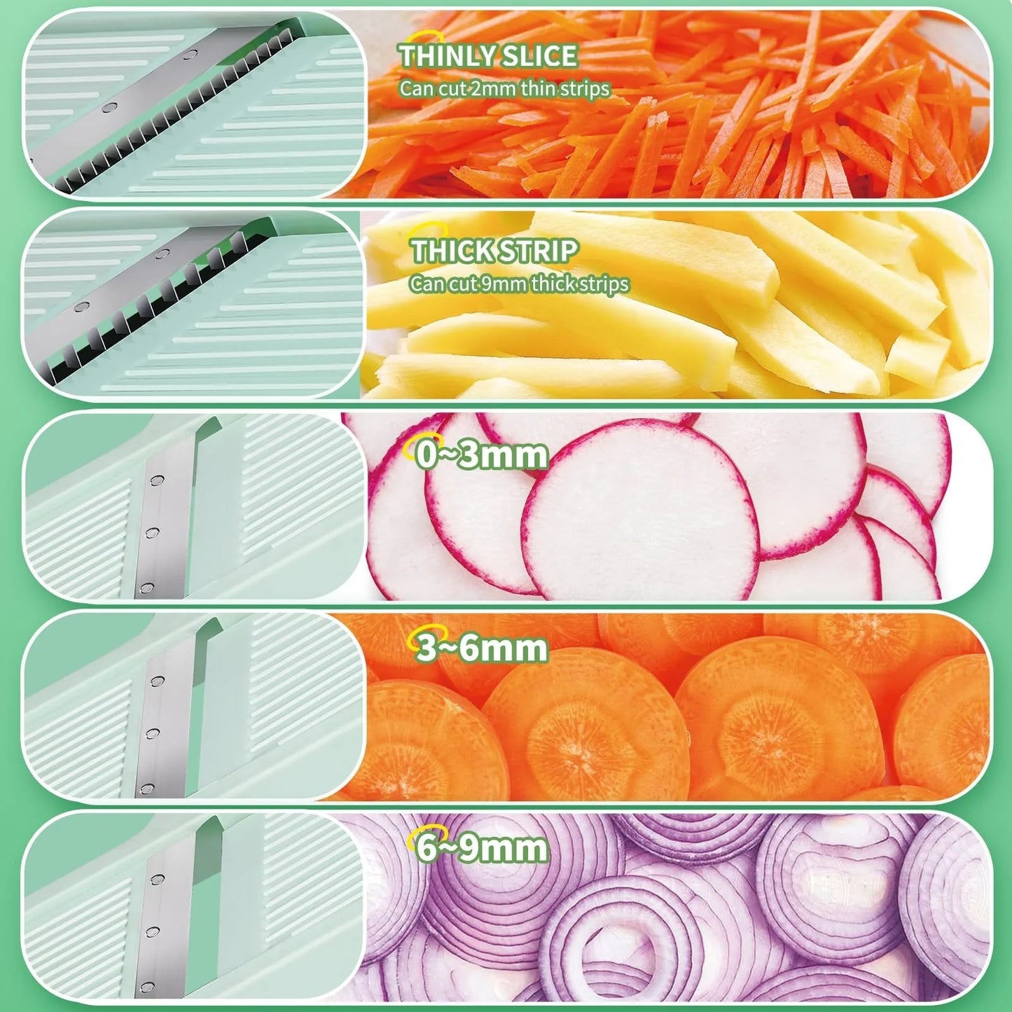 Versatile vegetable slicer with adjustable thickness, ideal for slicing, shredding, and julienning a variety of ingredients